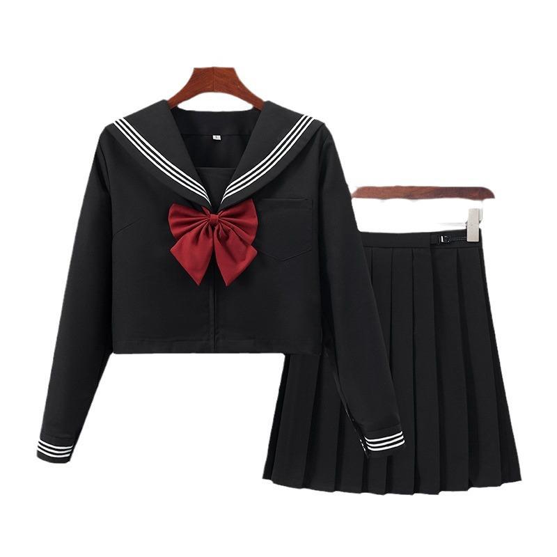 Authentic Black Sailor Uniform Set - Academy Style with Pleated Skirt