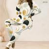 Women Plus Size Round Neck Long Sleeve Printed Longline Top Fitted Pants Two Piece Set Blue White
