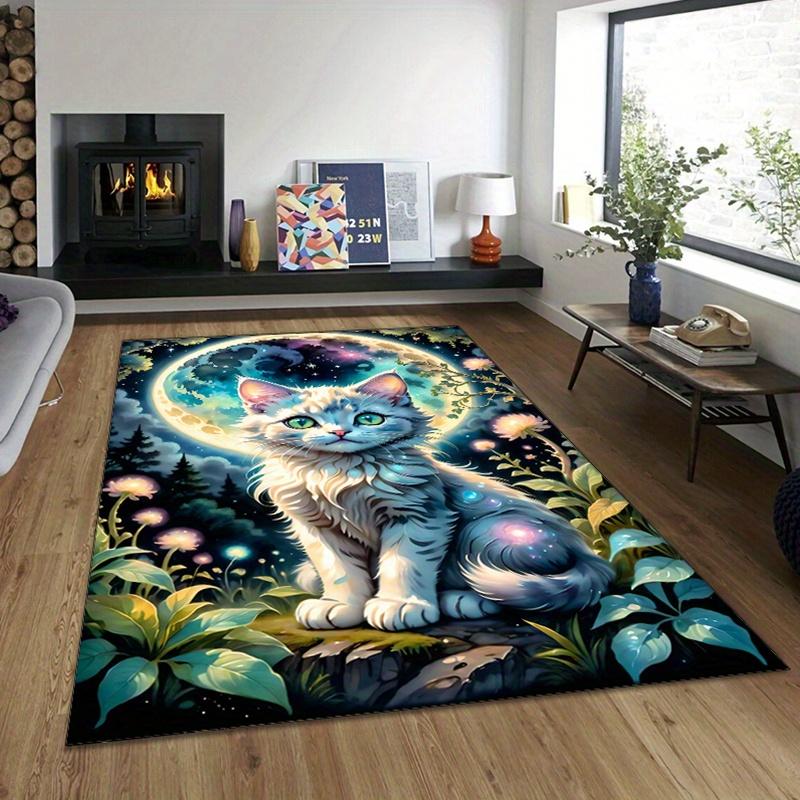 Kristall Samt Mystischer Mondlicht Katzen Druck Teppich – Lebendiges Sternenhimmel Design mit Verzaubertem Wald & Pilzen, Rutschfeste Heimdekoration C