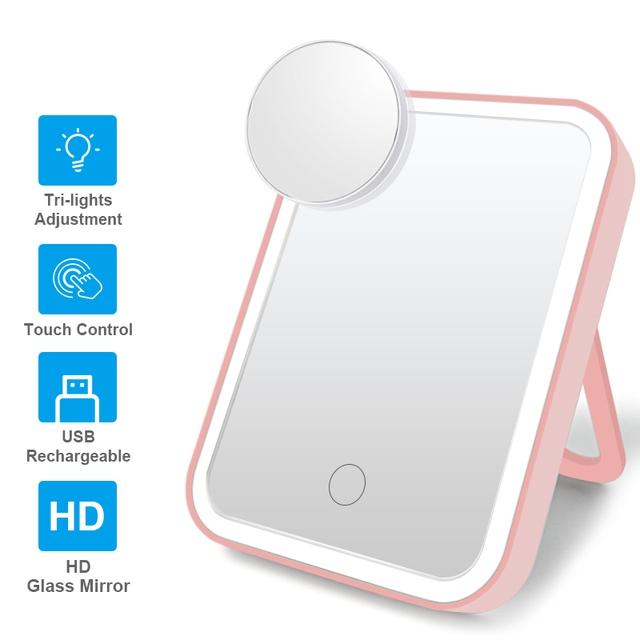 Lustro do makijażu LED z ekranem dotykowym 3 lekkie przenośne stojące składane lustro kosmetyczne 5x powiększające lusterko kosmetyczne Compect