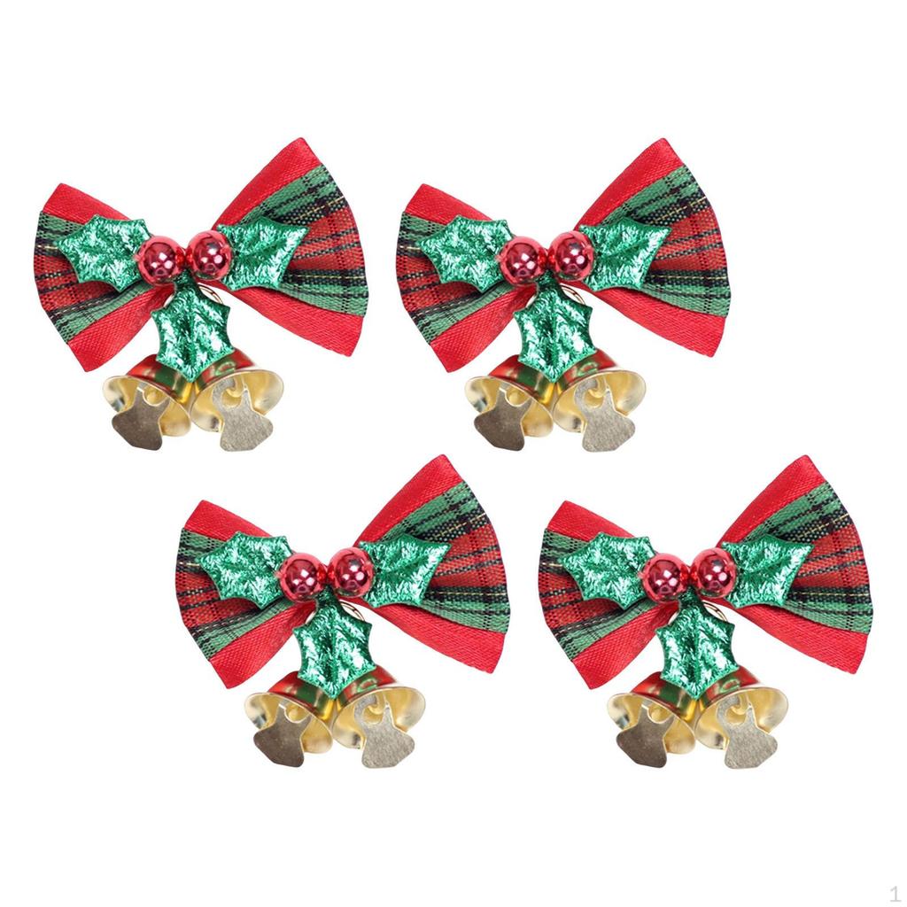 4Pcs Christmas Bow Bell Supplies Glitter Pendant Crafts Topper Charm Xmas Tree Hanging Decorations