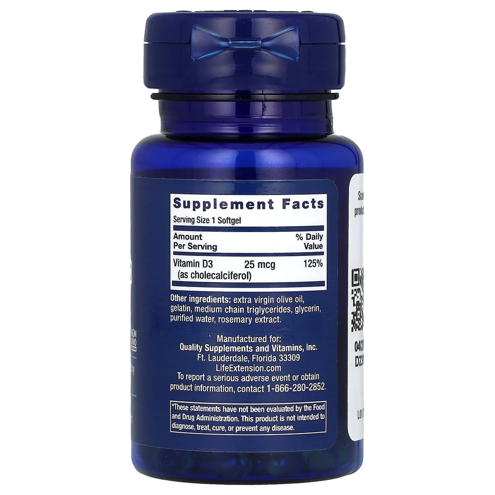 Life Extension Vitamin D3 25mcg (1000 IU) Softgels, 90 Count
