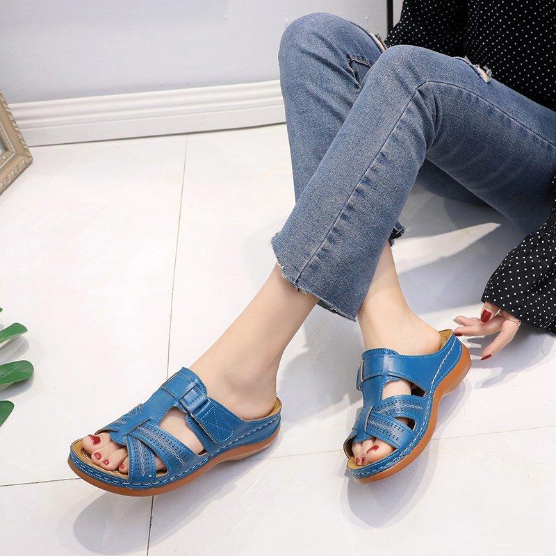 Summer Casual Retro Wedge Heel Thick Sole Sewn Shoe Leather One-character Women's Cool Slippers