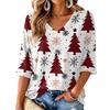 Women's V-neck Christmas Print Three-quarter Sleeve Lightweight Top