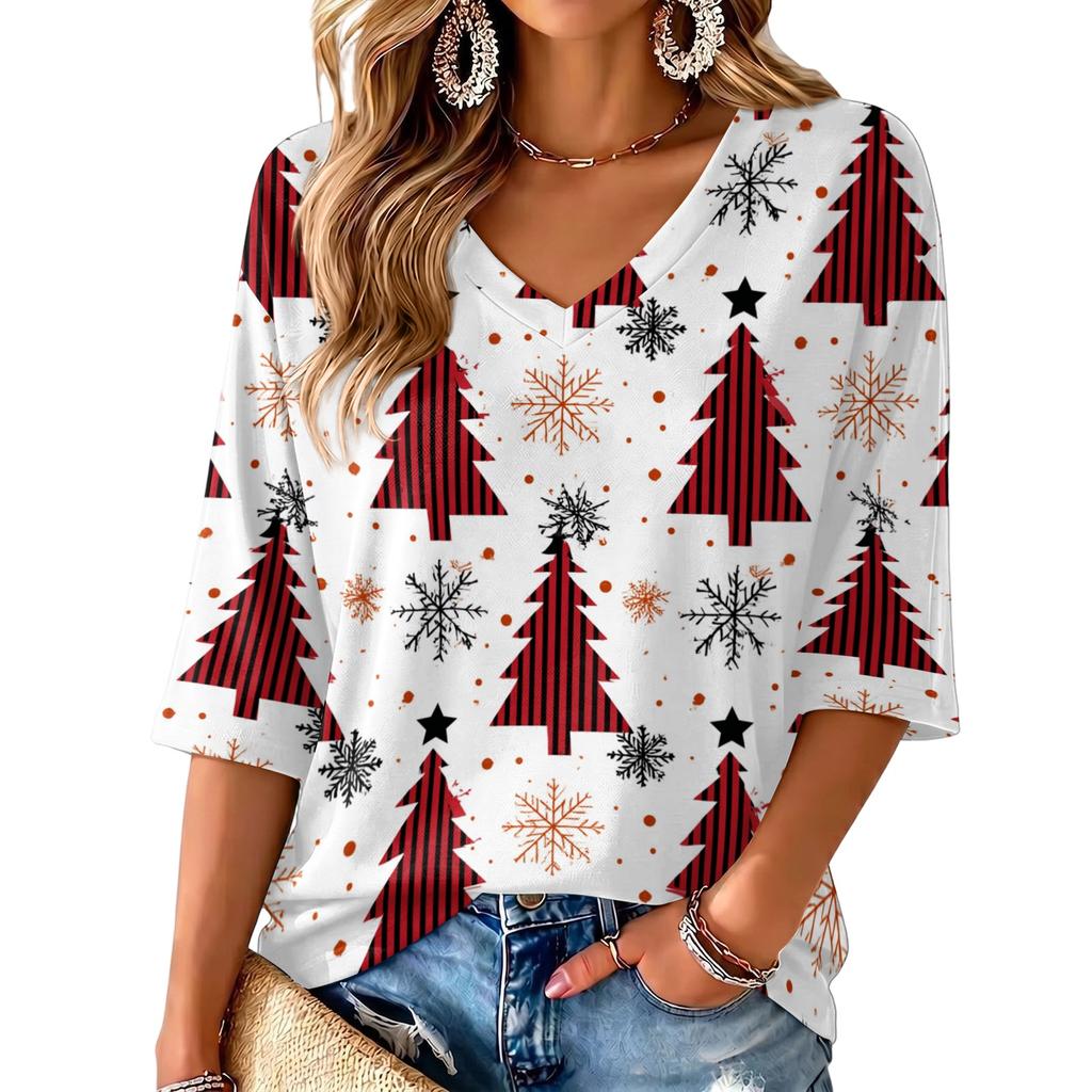 Women's V-neck Christmas Print Three-quarter Sleeve Lightweight Top