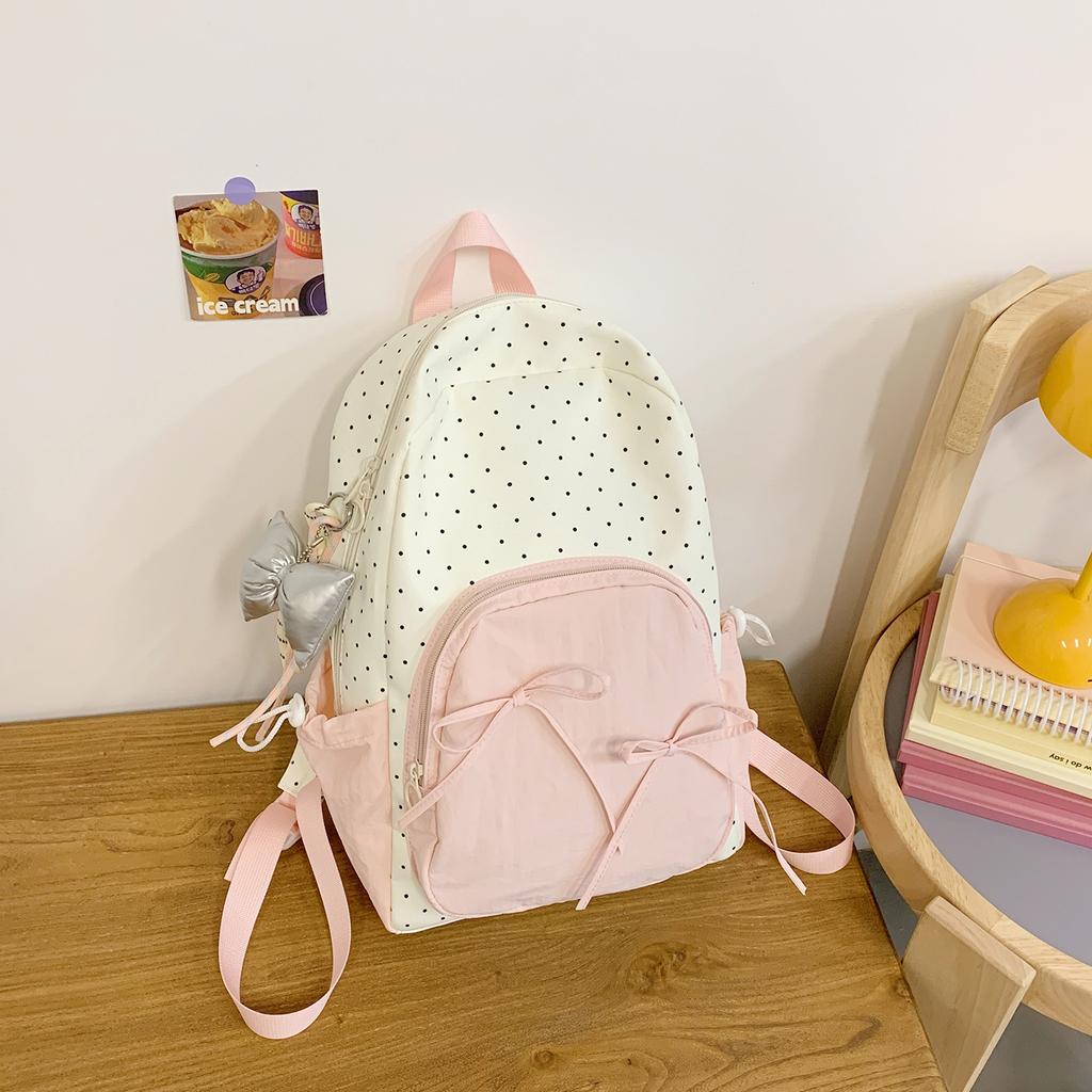 Cute Sweet Girl High Value Female Korean College Style Bow Polka Dot Backpack Schoolbag Commuter Backpack Female