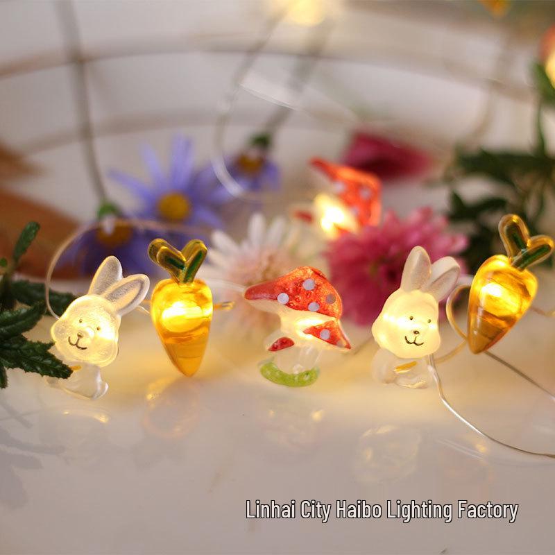 Easter Bunny & Carrot Mushroom LED Copper Wire String Lights - Battery Operated Decoration