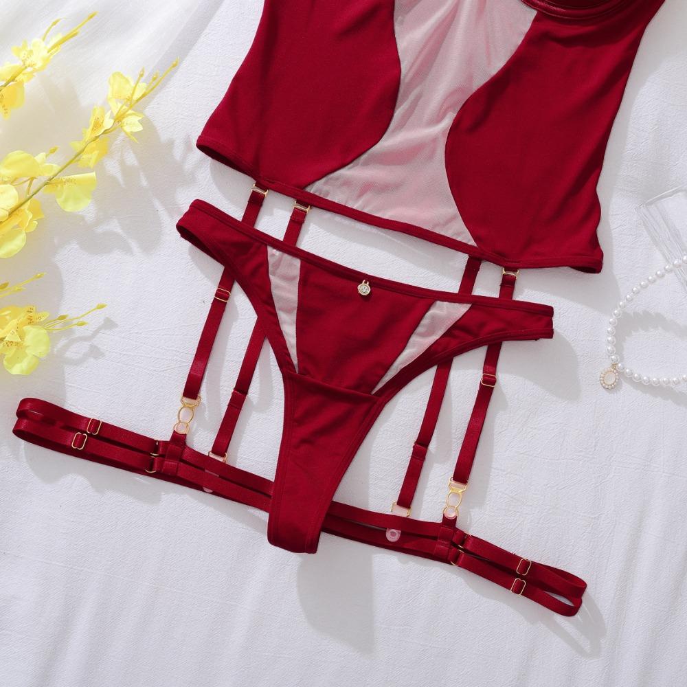 3pcs Women's Lingerie Set Sexy Push Up Bra French Mesh Breathable Sling Tops Burgundy Underwear Bras and Thong with Leg Straps