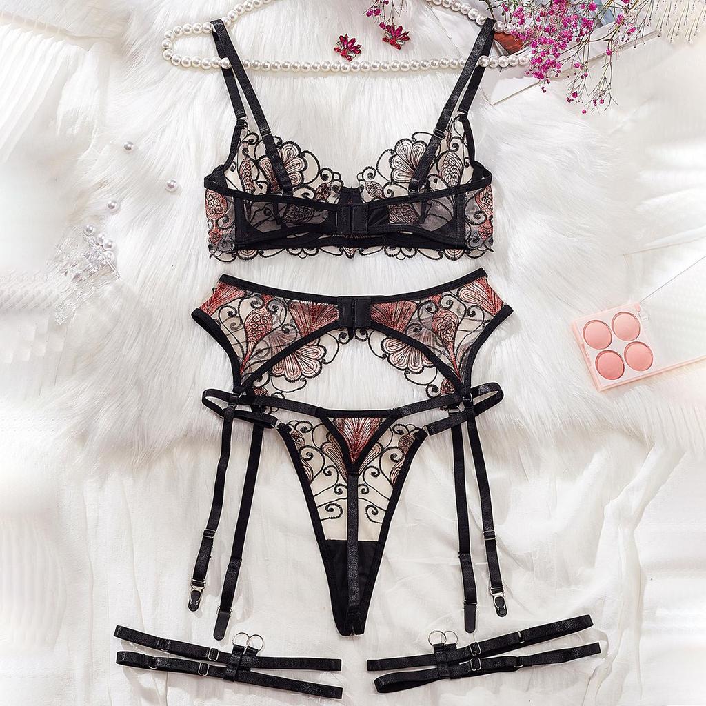 Women's Sexy Lingerie Set Ginkgo Leaf Embroidered Mesh Lingerie Low-cut Sheer Bra Set