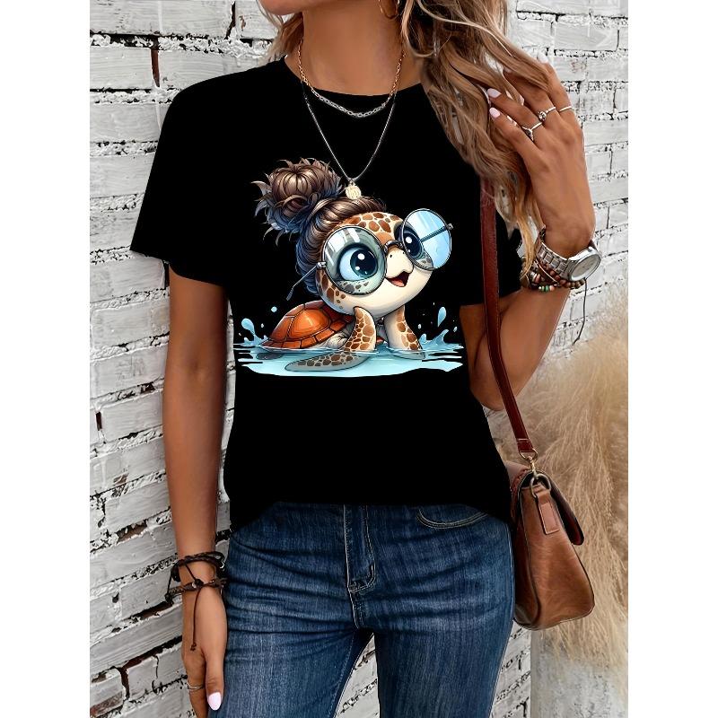 

European sizes Cute Cartoon Designs Featuring Sea Turtles, Stylish Women S Short-Sleeve Top with a Fitted Round Neck. 4XL