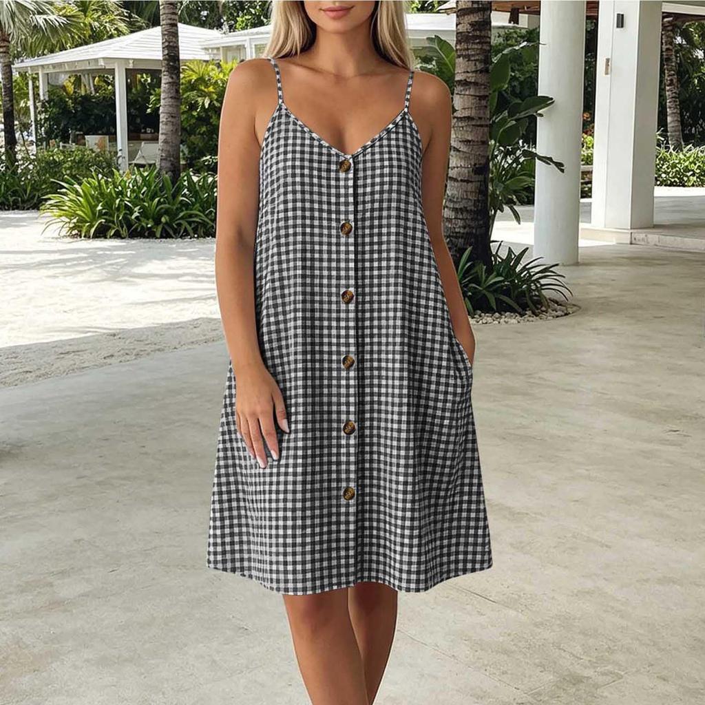 Women’s Casual V Neck Spaghetti Strap Button Front Plaid Dress with Pockets Loose Fit Sleeveless Summer Sundress