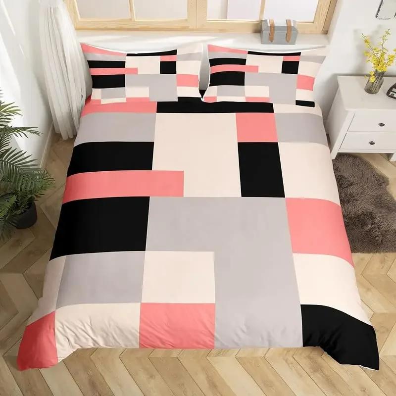 

Geometric Duvet Cover Single King Buffalo Check Comforter Cover Modern Art Plaid Bedding Set Microfiber Geometry Bedspread Cover EU Single(135*200cm)3pcs