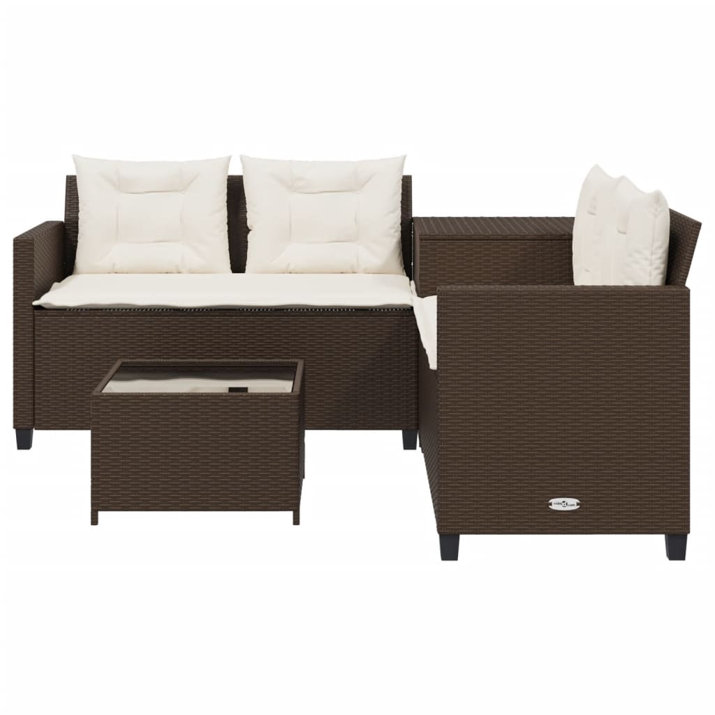 L Shaped Garden Sofa with Table and Cushions Brown Poly Rattan
