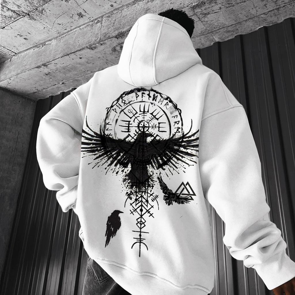 Lockeres, trendiges, übergroßes Kapuzensweatshirt für Herren in Übergröße mit Wikinger-Totem-Print