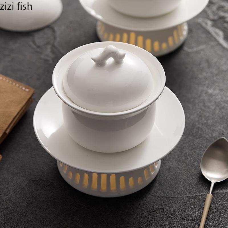 Pure White Ceramic Bowl with Heating Stove Set Creative Dessert Bowl Soup Bowl Steamed Egg Bowls Restaurant Molecular Tableware