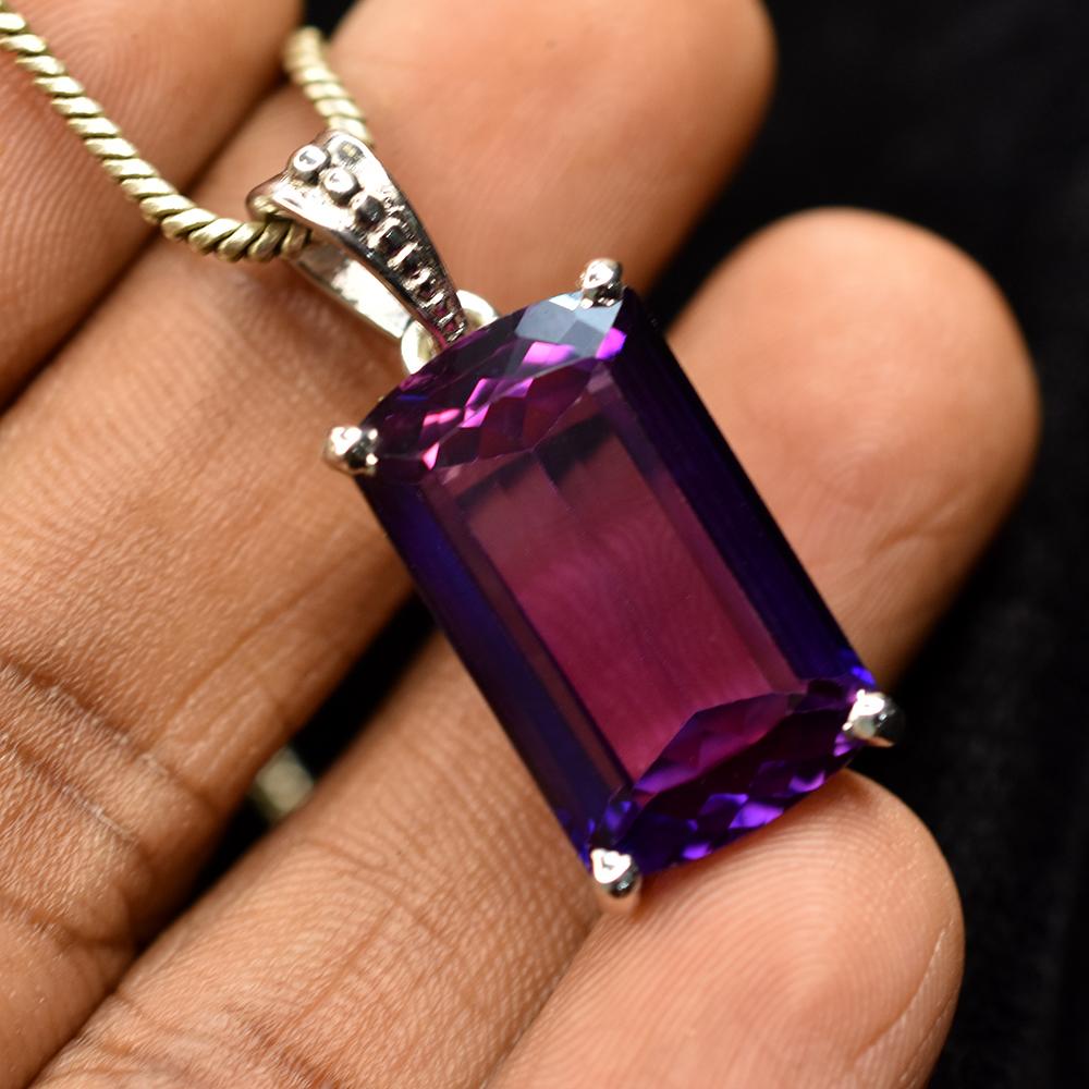 Pandantiv Safir Violet Baghetă Natural 32 Ct Argint Sterling 925 CERTIFICAT