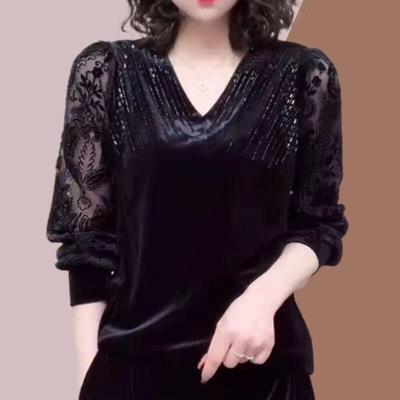 Γυναικεία Diamond Sexy Seer Lace Patchwork Κομψό βασικό μπλουζάκι Άνοιξη Φθινόπωρο Μόδα V λαιμόκοψη μακρυμάνικο μαύρο πουλόβερ μπλούζες