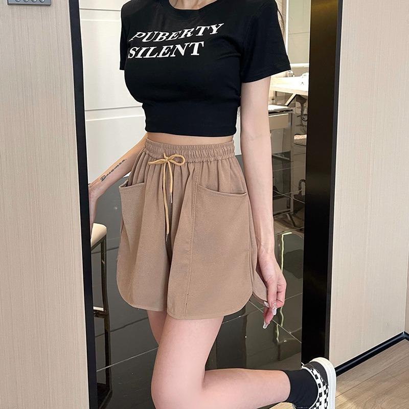Casual Shorts Women's Summer Slim High-waisted Drawstring Pocket Sports Three-quarter Pants Loose and Slim