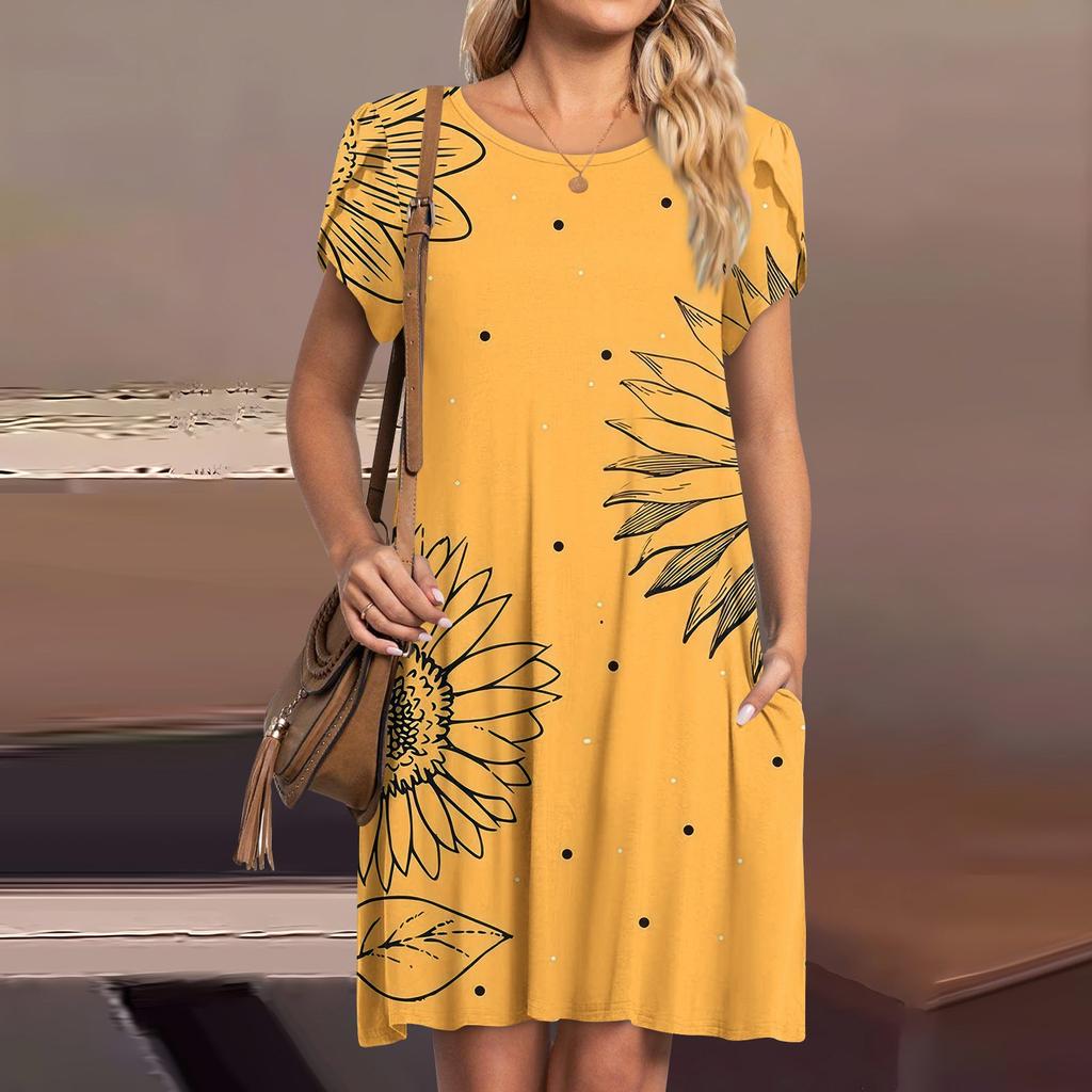 Womens Summer Short Sleeve Dresses Casual Loose Crewneck Dress Swing Comfy Beach Sundress With Pockets