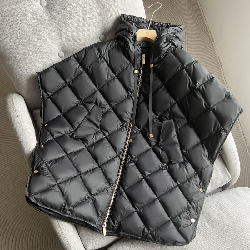 Autumn and Winter European Station Hooded Rhombus White Duck Down Short Loose Large Size Down Vest Vest Women
