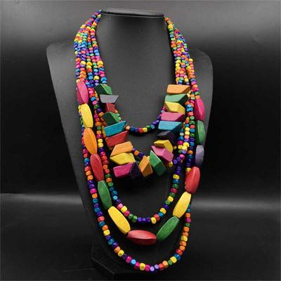 Ethnic Style Colorfull Long Necklace Beach Pastoral Style Wood Retro Multi-Layer Geometry