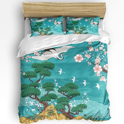 Conjunto de Cama Vintage Guindaste Flor de Cerejeira Estilo Japonês 3 peças Para Cama de Casal Têxtil Lar Capa de Edredom Capa de Colcha Fronha