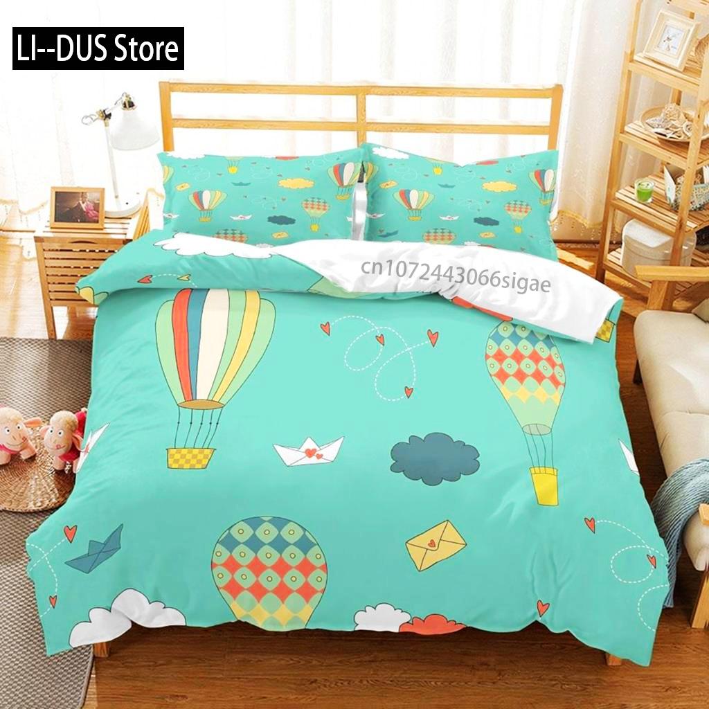 Balloon Duvet Cover Set King Twin Size Polyester Hand Painted Style Floating Hot Air Balloons With Clouds Moon Print Bedding Set