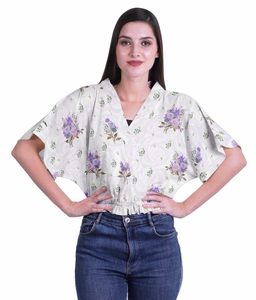 Moomaya Printed Boxy Sleeve Tops For Women V-Neck Elastic WaistA  Kimono Top