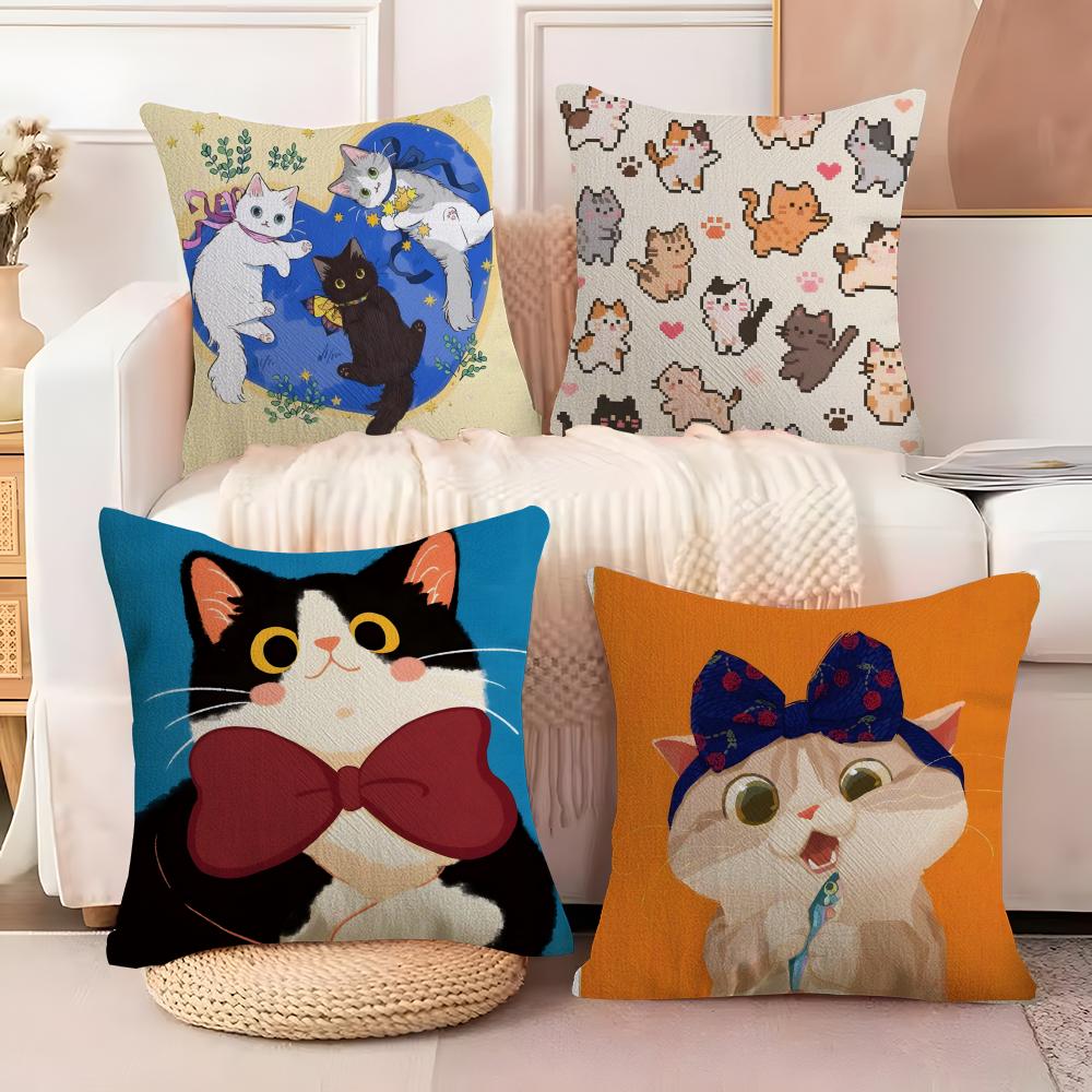 Cute Cartoon Cat Patterns Pillow Case Cotton Linen Fabric Square Zipper Pillowcase Home Decorative Living Room