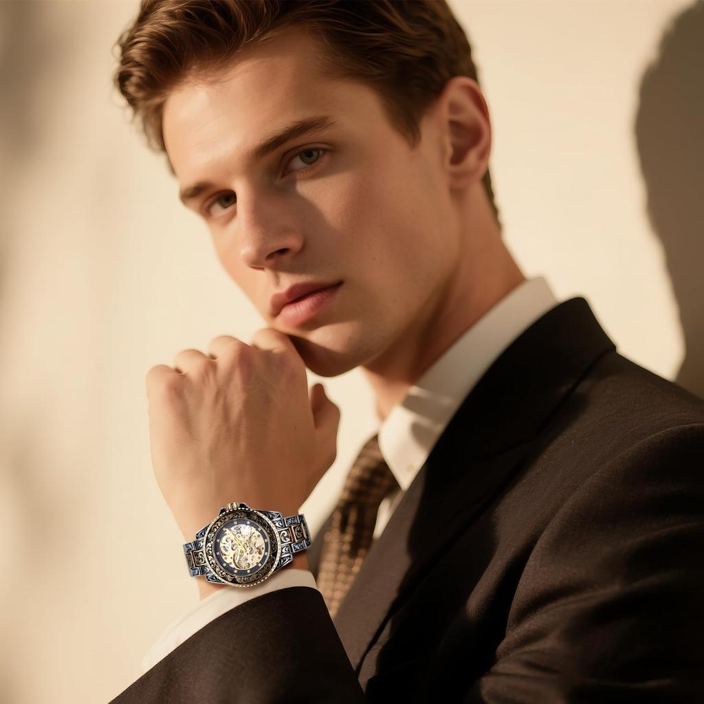 Montre Mécanique Entièrement Automatique avec Lumineuse Ronde Rotative Détachable Analogique Quartz Eau Acier Inoxydable avec Rétro Longueur Réglable Cadeau Parfait