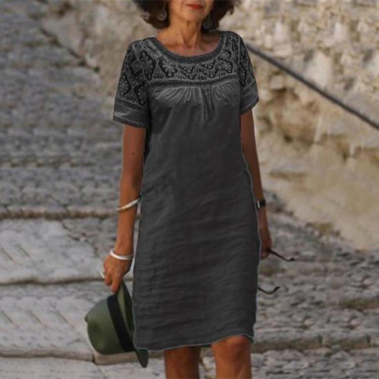 Summer Women Casual Loose Cotton Linen Mini Dress Short Sleeve Round Neck Lace Sundress Beach Short Dresses
