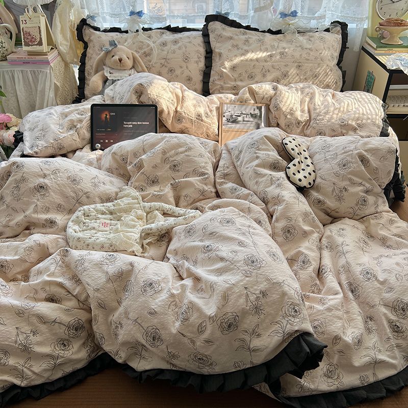 Class A Maternal Infant Grade Wrinkled Cloud Double-Layer Yarn Lace Quilt Cover, Bed Sheet 4-Pcs Set, Student Dormitory 3-Piece Set