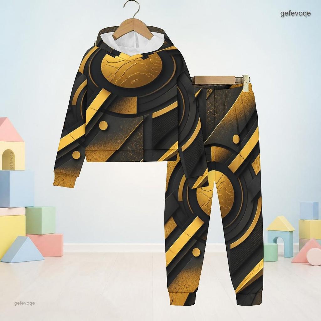 Kids Boys Girls Hooded Long Sleeve Printed Two Piece Set Black Gold Sweatshirt Cuffed Pants