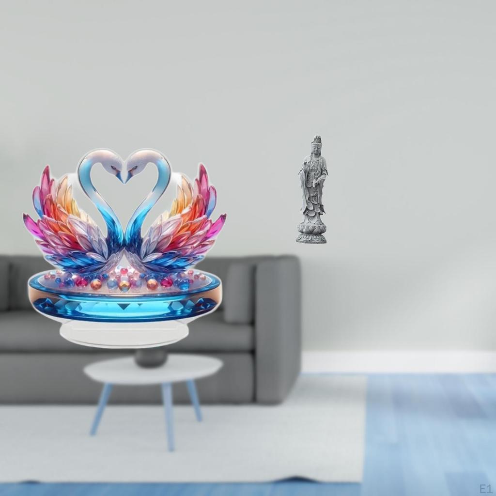 Acrylic Swan Tabletop Sculpture And Guan Yin Stone Buddha Figurine Fusion Centerpiece for Office