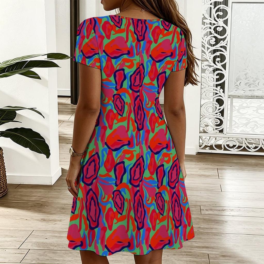 Ladies V Neck Charming Aster Floral Plus Size Summer Short Sleeve Loose Dress