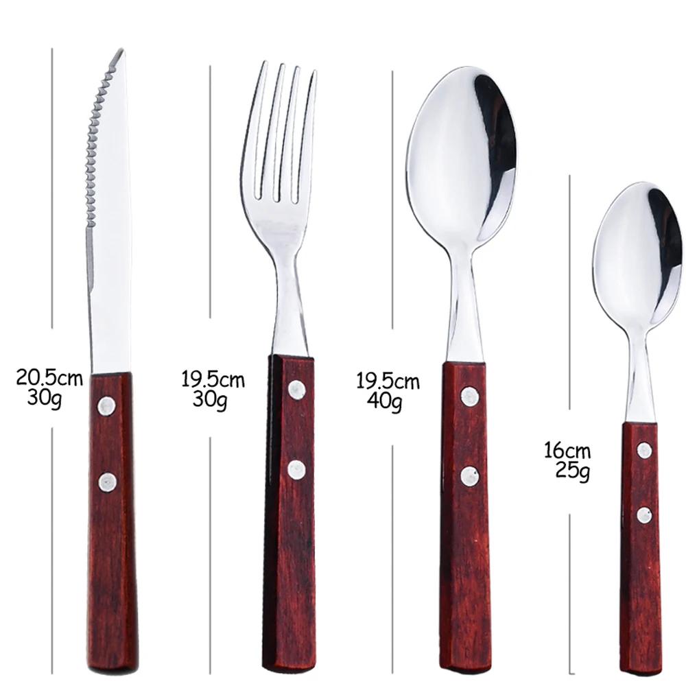 24Pcs 304 Stainless Steel Tableware Set Wood Handle Dinnerware Sets Silverware Steak Knife Fork Spoon Cutlery Kitchen