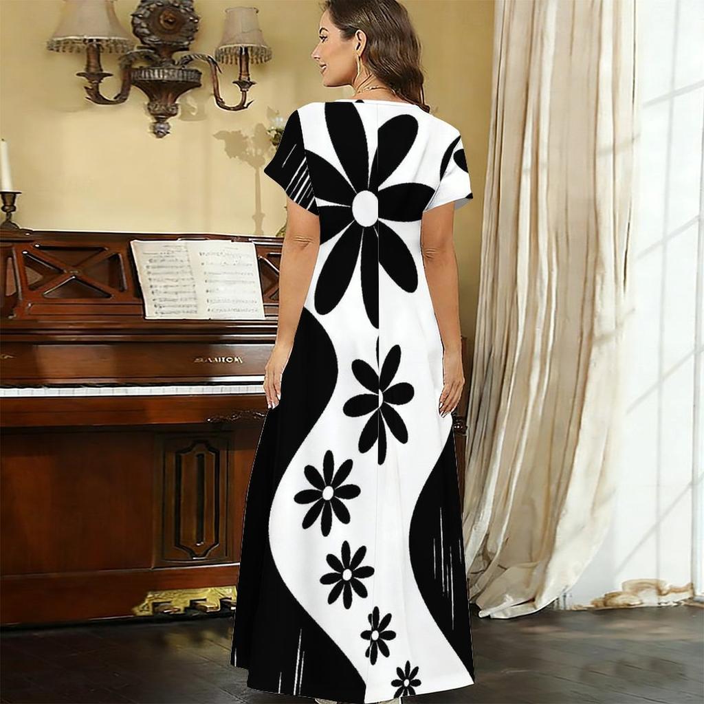 Women Plus Size V Neck Short Sleeve Black White Printed Straight Long Dress