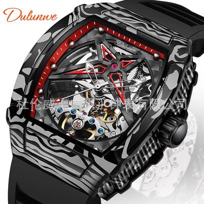 Orologio Meccanico Impermeabile da Uomo Durham Yao - Cassa in Lega a Forma di Tonneau con Design in Fibra di Carbonio e Quadrante Scheletrato