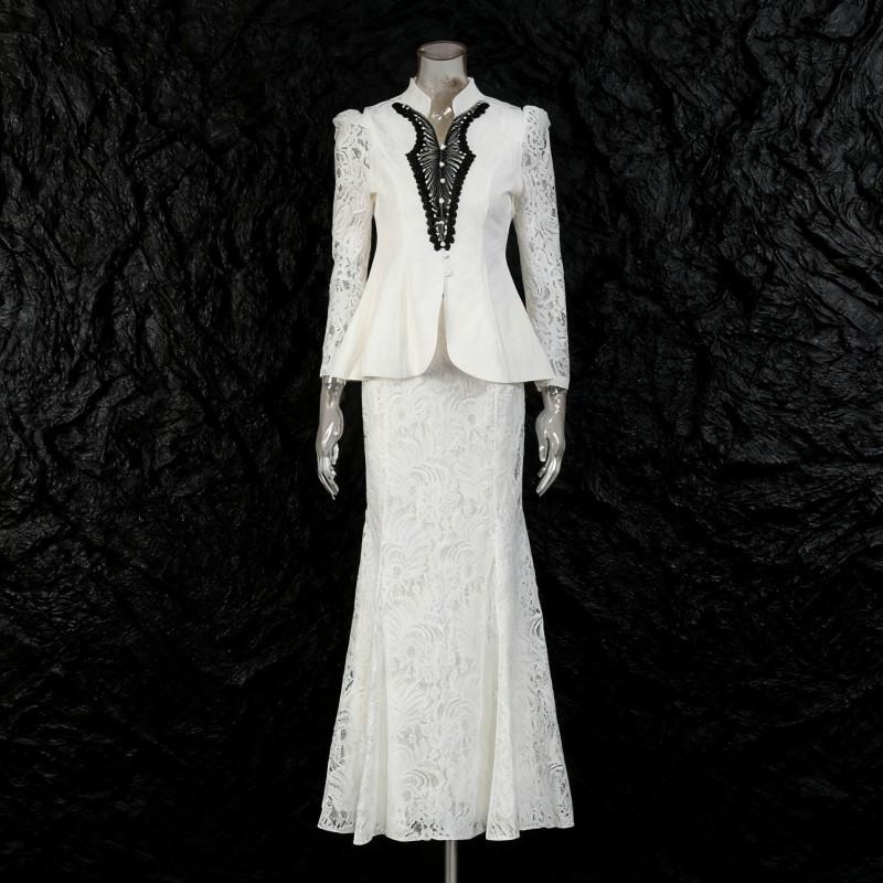 

Light Sophisticated Professional Skirt Set Upright Collar Lace Embroidery Waist Top + High Slimming Fishtail XXL білий