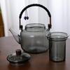 Smoke Grey Knitted Handle Glass Teapot with Wooden Lid & Hammered Pattern - Kung Fu Tea Set with Separator