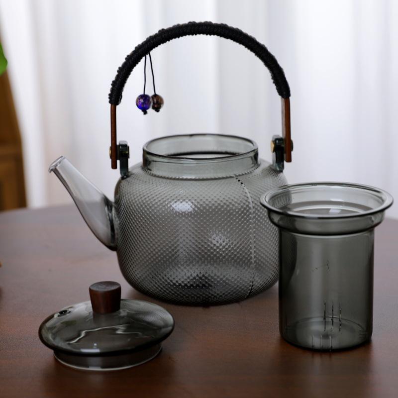Smoke Grey Knitted Handle Glass Teapot with Wooden Lid & Hammered Pattern - Kung Fu Tea Set with Separator