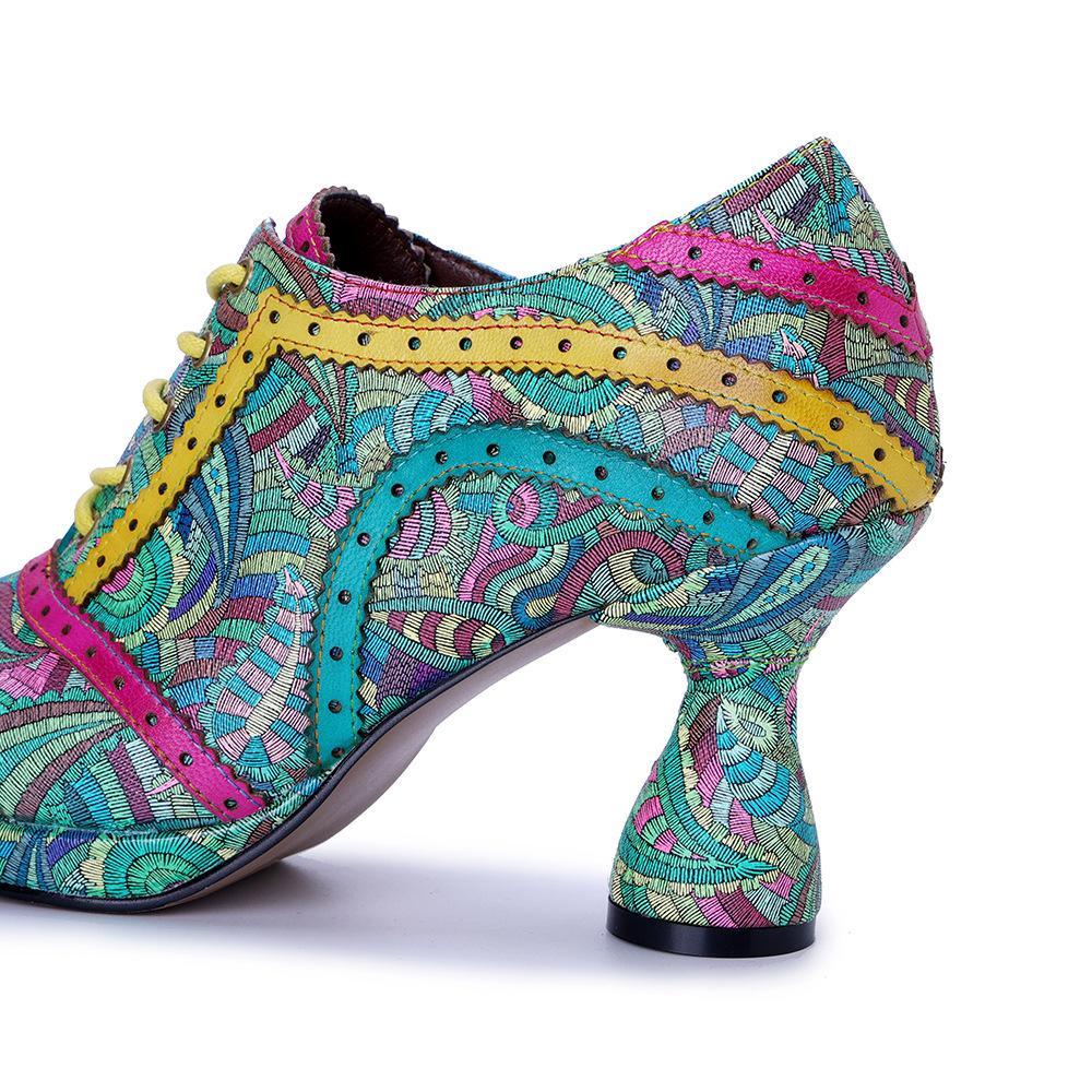 Johnature Genuine Leather Pumps Handmade Splicing Printed Color Contrasting Fashion Women's High Heels