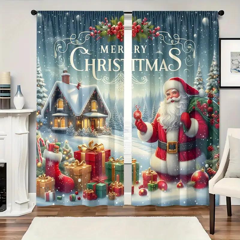 Set Of 2 Santa Claus Pattern Filtering Polyester Curtains Christmas Home Windows Classic Made