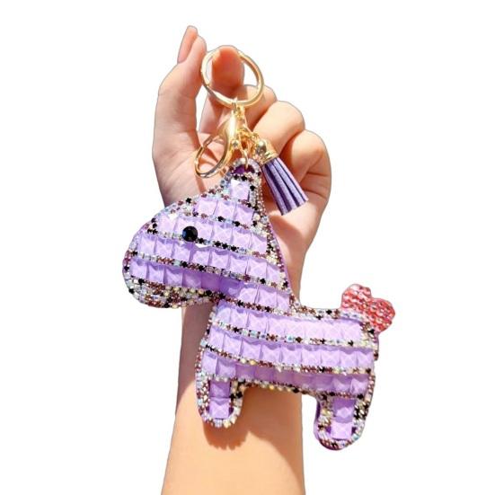 Bag Pendant Sparkling Rhinestones Plaid Pattern Keychain with Tassels Backpacks Handbags Cars Accessories