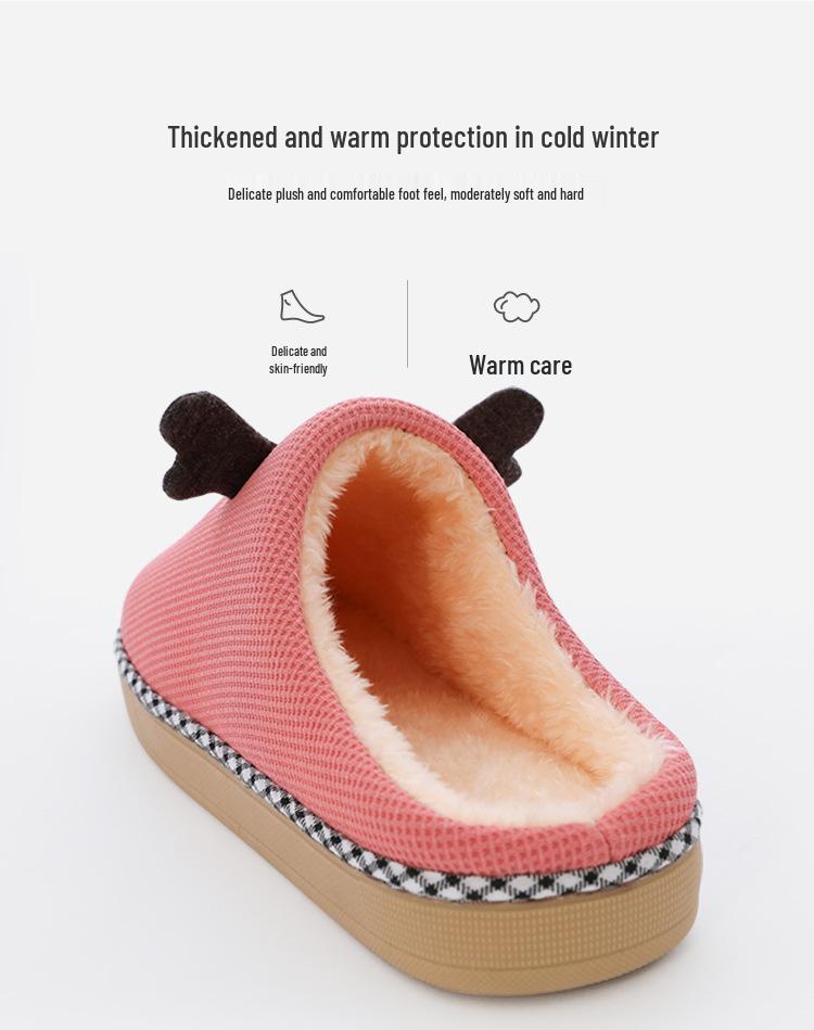 Winter Women's Cute Cartoon Closed Heel Velvet Slippers - Non-slip, Warm, Indoor Cotton Fur for Couples