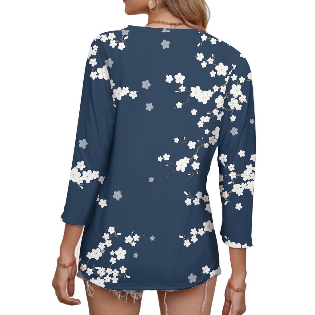 Women's Fashionable And Casual Floral Print V Neck 3/4 Sleeve T Shirt Top Basic V Neck Regular Top