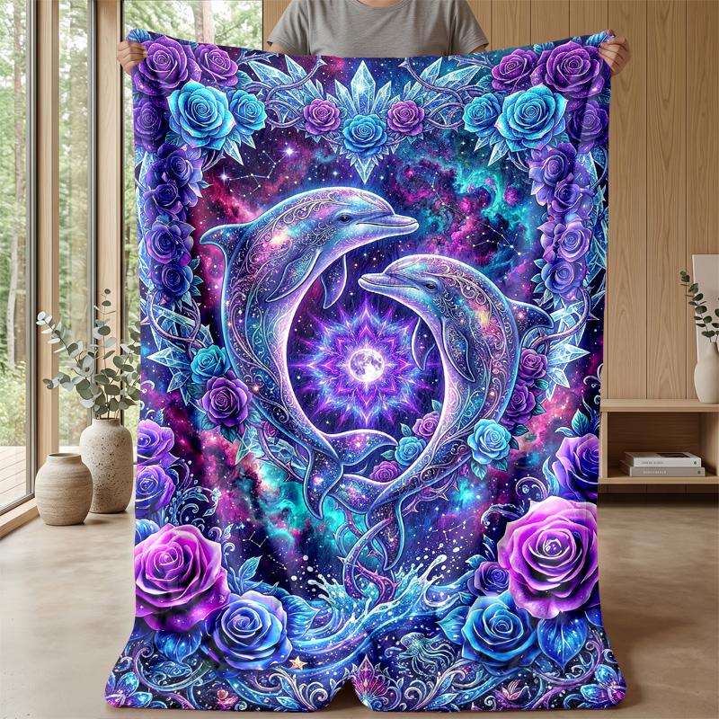 Purple Dolphins and Roses Theme blanket Lightweight Warm Flannel Blanket Decorative Throw Blanket for Home Decoration