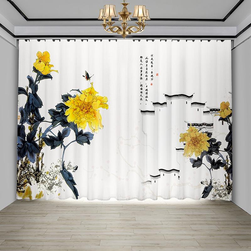Nova cortina chinesa flor pássaro sala de estar flor borboleta paisagem tinta pintura janela tela cortina cortina chinesa 2 peças