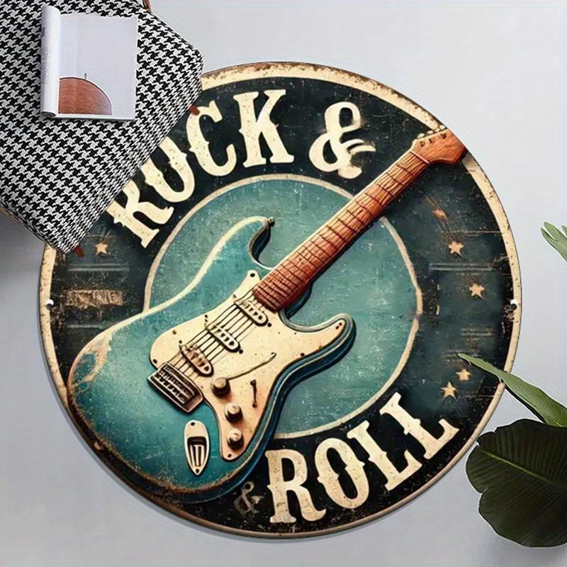 Tappeto Rotondo Vintage Chitarra Rock & Roll, Tappetino Antiscivolo Gradiente Blu Nero per Decorazione Stanza Tema Musicale