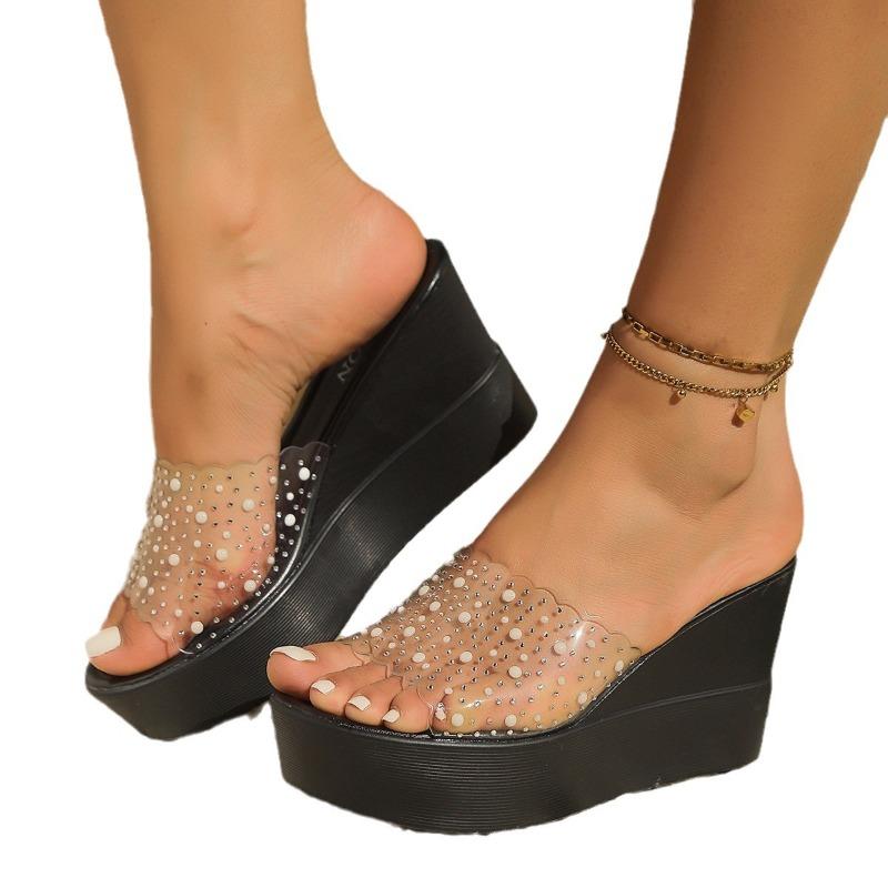 Women's Wide Width Clear Strap Sandals, Rhinestone Platform Wedge Slippers, Outdoor Summer Slides for Women